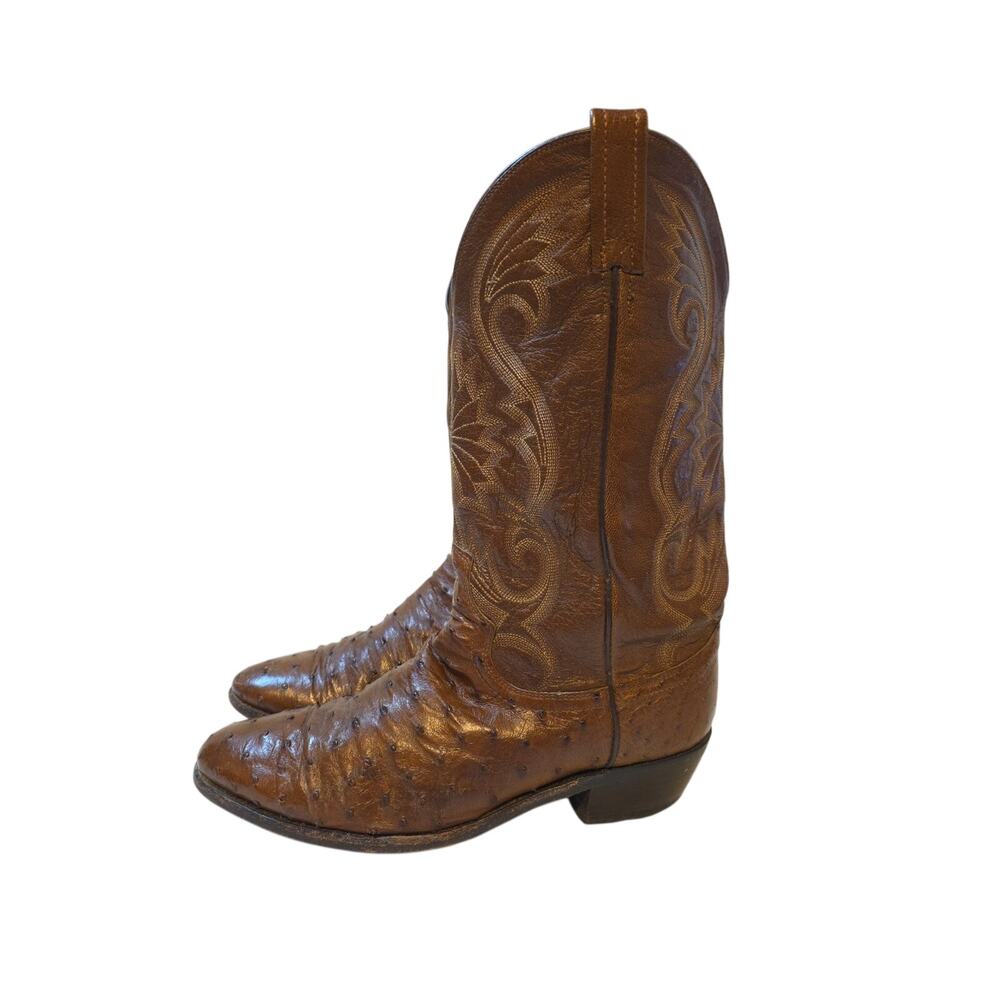 Vtg Dan Post Mens 9.5 Ew Brown Ostrich Leather Cowboy Boots